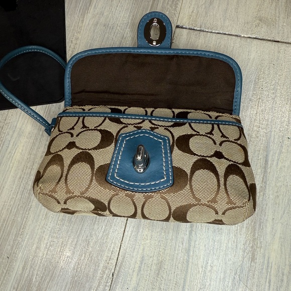 Coach Legacy Turn Lock Monogram Wristlet in Tan and Blue